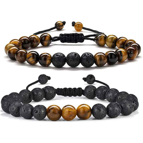 Set 2 bratari reglabile din piatra naturala ochi de tigru si piatra de lava neagra 8mm - Bratara vindecatoare, aromaterapie, difuzor de uleiuri esentiale