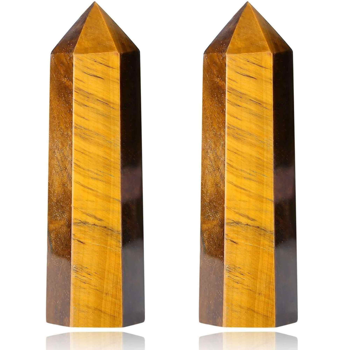 Set 2 turnuri din cristale semipretiose vindecatoare hexagonale Ochi de tigru - Obelisc cu inaltimea de 6 cm