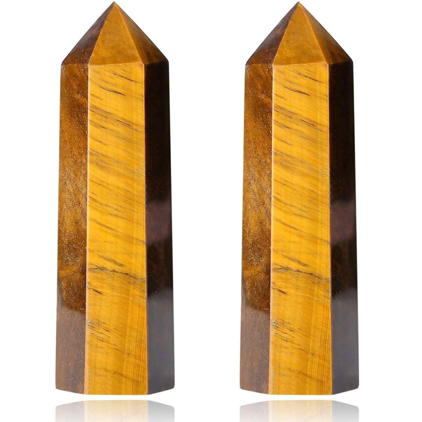 Set 2 turnuri din cristale semipretiose vindecatoare hexagonale Ochi de tigru - Obelisc cu inaltimea de 6 cm
