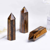 Set 2 turnuri din cristale semipretiose vindecatoare hexagonale Ochi de tigru - Obelisc cu inaltimea de 6 cm