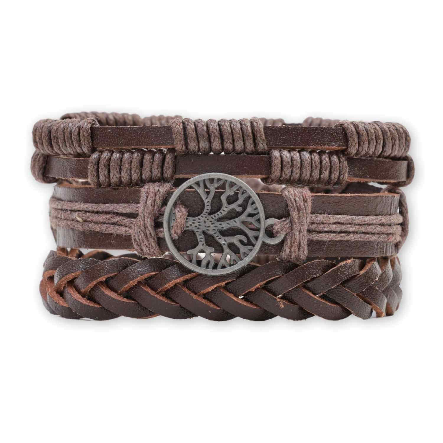 Set 3 Brățări Inedite cu Arborele Vieții si piele sintetica maro– Stil și Protecție