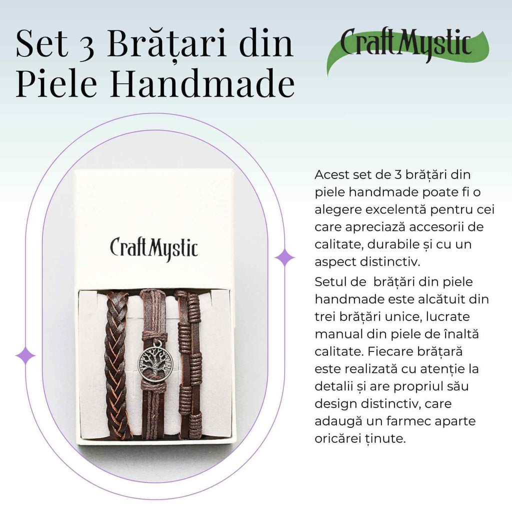 Set 3 Brățări Inedite cu Arborele Vieții si piele sintetica maro– Stil și Protecție