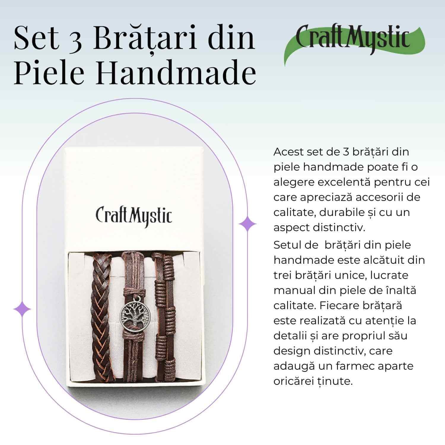 Set 3 Brățări Inedite cu Arborele Vieții si piele sintetica maro– Stil și Protecție