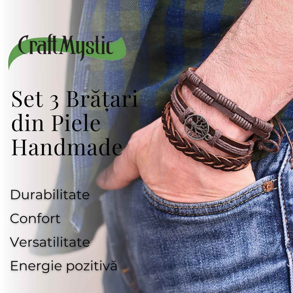 Set 3 Brățări Inedite cu Arborele Vieții si piele sintetica maro– Stil și Protecție