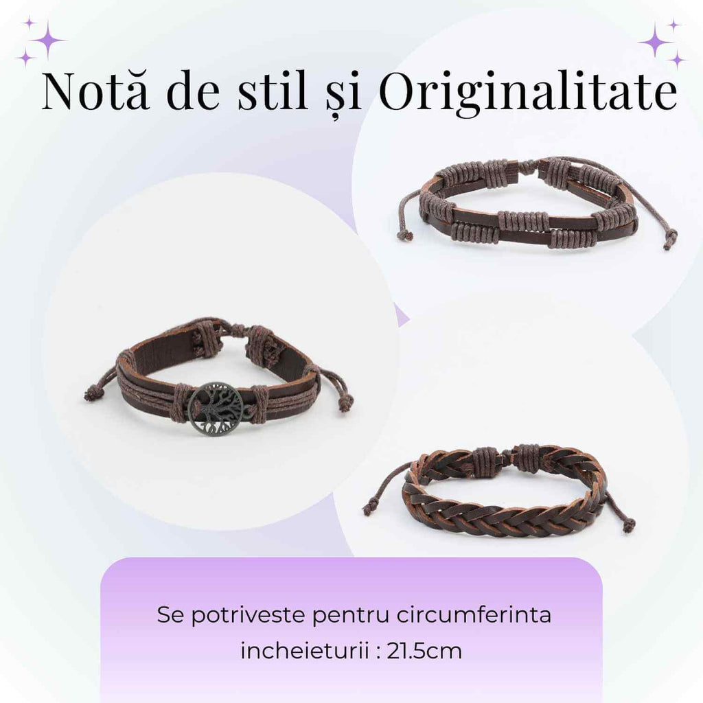 Set 3 Brățări Inedite cu Arborele Vieții si piele sintetica maro– Stil și Protecție