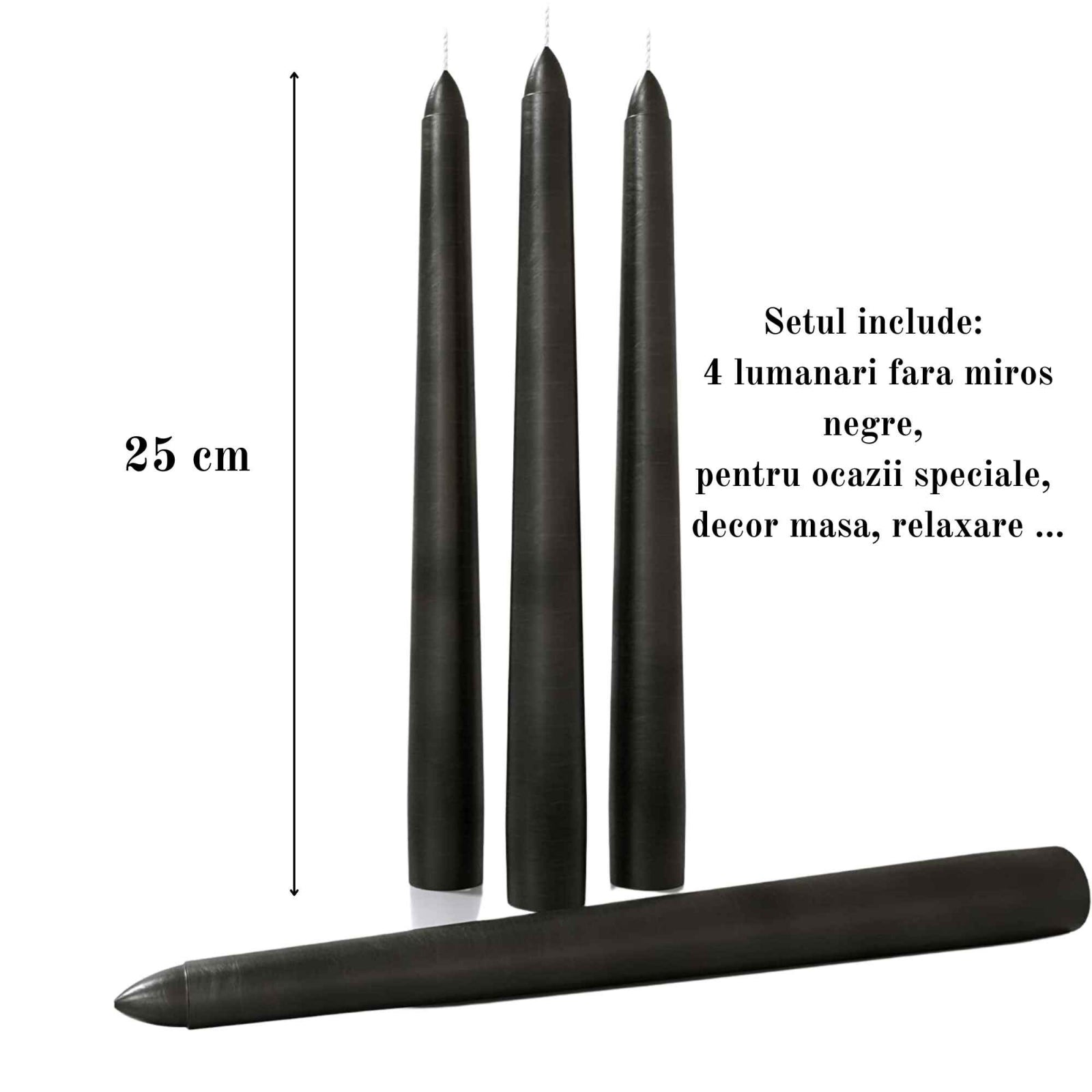 Set 4 Lumanari negre conice de 25 cm