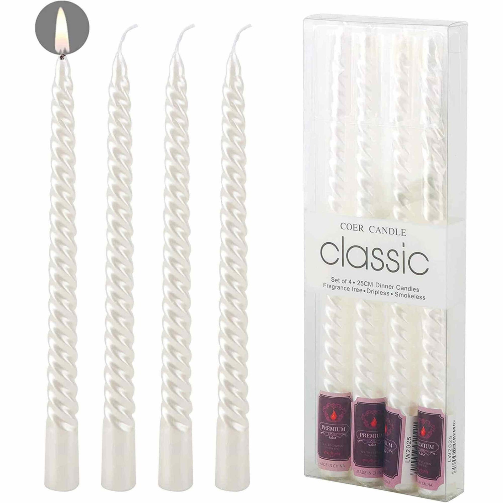 Set 4 Lumanari albe spirala de 25 cm - Lumanari fara picurare si fara parfum - Perfecte ca lumanari pentru cina, ocazii speciale - Copie