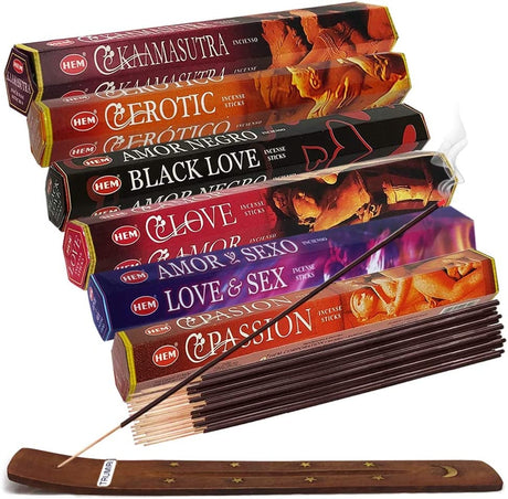 Set 6 pachete mix betisoare parfumate cu cele mai apreciate 6 parfumuri HEM cu tematica dragoste + suport pentru betisoare