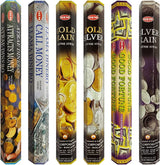 Set 6 pachete mix betisoare parfumate cu cele mai apreciate 6 parfumuri HEM cu tematica bani si noroc + suport pentru betisoare