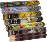 Set 6 pachete mix betisoare parfumate cu cele mai apreciate 6 parfumuri HEM cu tematica bani si noroc + suport pentru betisoare