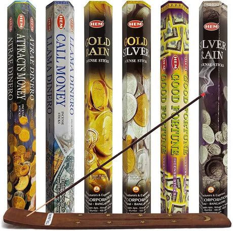 Set 6 pachete mix betisoare parfumate cu cele mai apreciate 6 parfumuri HEM cu tematica bani si noroc + suport pentru betisoare