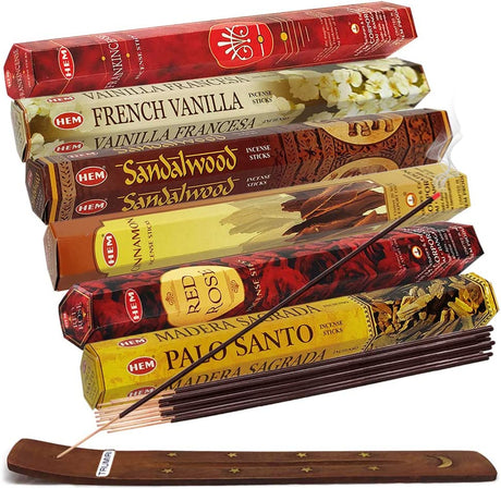 Set 6 pachete mix betisoare parfumate cu cele mai apreciate 6 parfumuri HEM populare + suport pentru betisoare