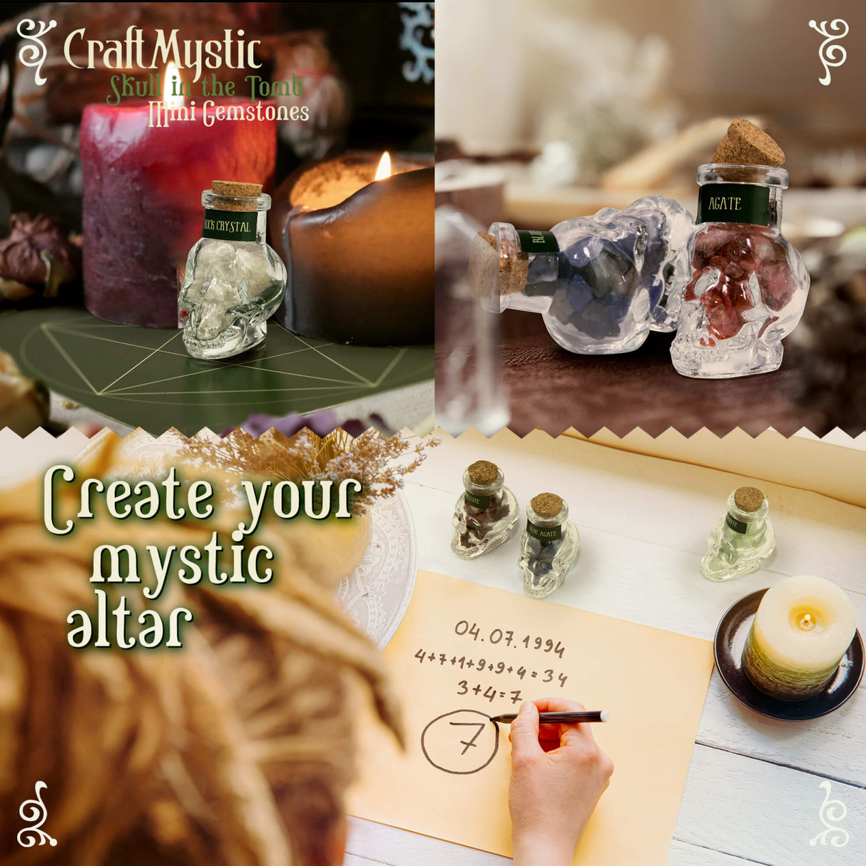 Set 14 Mini Cristale Naturale in sticlute cu forma de craniu – Un cadou perfect pentru incepatori in magie si vindecare spirituala - Cristale si pietre chakra Wiccan