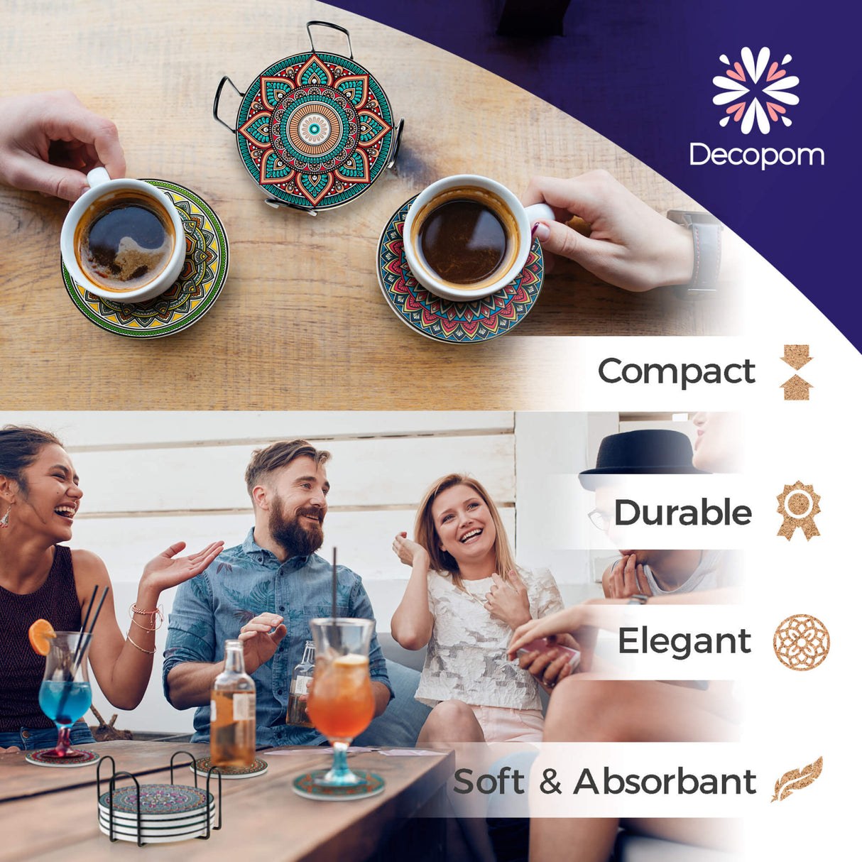 Set 8 suporturi pentru pahare tematica boho mandala si organizator, material ceramica absorbanta cu baza din pluta antiaderenta