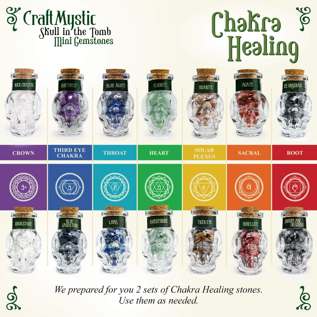 Set 14 Mini Cristale Naturale in sticlute cu forma de craniu – Un cadou perfect pentru incepatori in magie si vindecare spirituala - Cristale si pietre chakra Wiccan