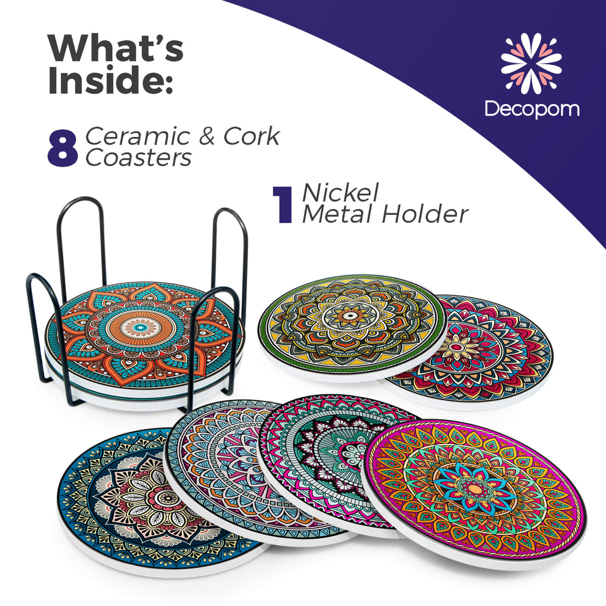 Set 8 suporturi pentru pahare tematica boho mandala si organizator, material ceramica absorbanta cu baza din pluta antiaderenta