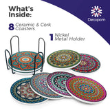 Set 8 suporturi pentru pahare tematica boho mandala si organizator, material ceramica absorbanta cu baza din pluta antiaderenta