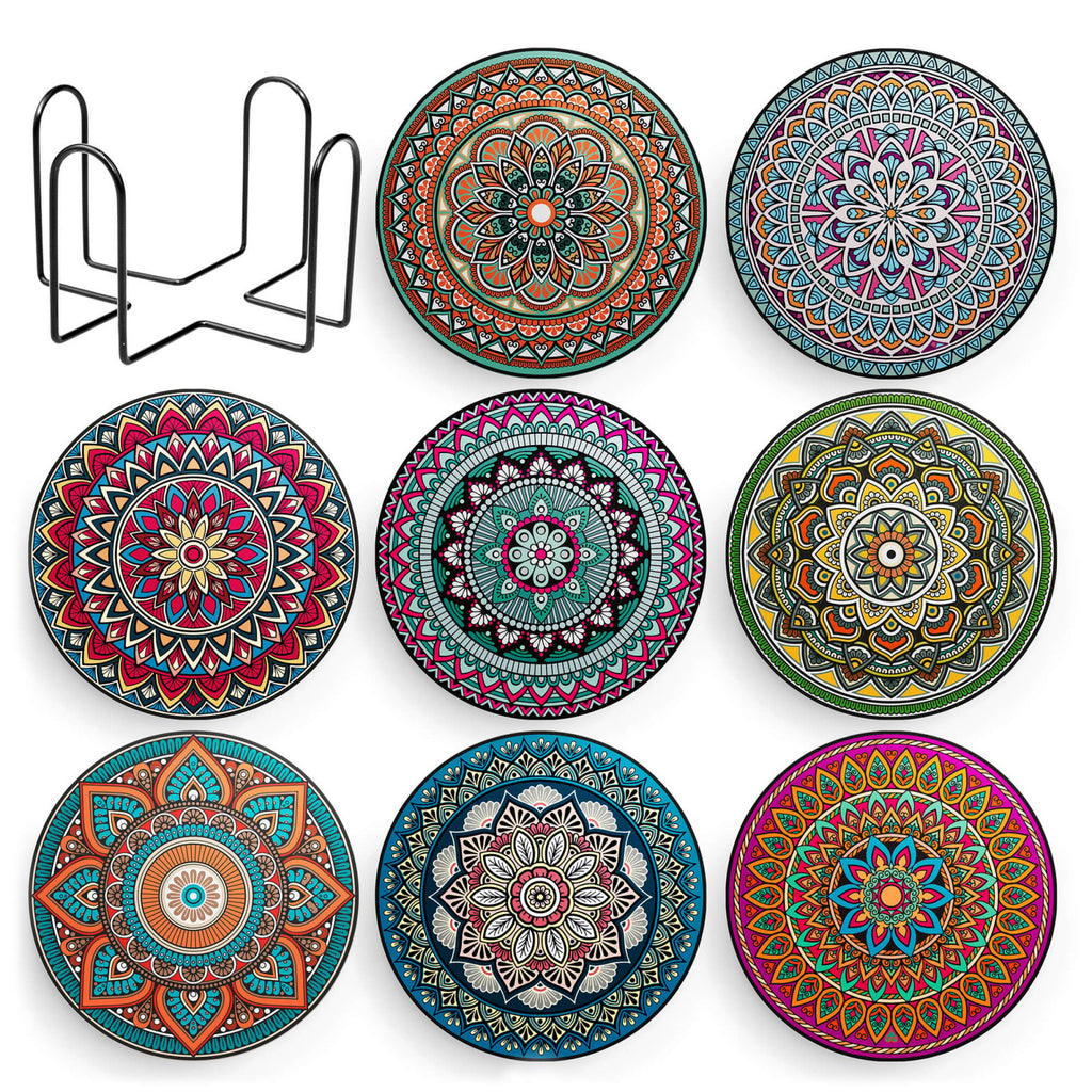 Set 8 suporturi pentru pahare tematica boho mandala si organizator, material ceramica absorbanta cu baza din pluta antiaderenta