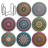 Set 8 suporturi pentru pahare tematica boho mandala si organizator, material ceramica absorbanta cu baza din pluta antiaderenta