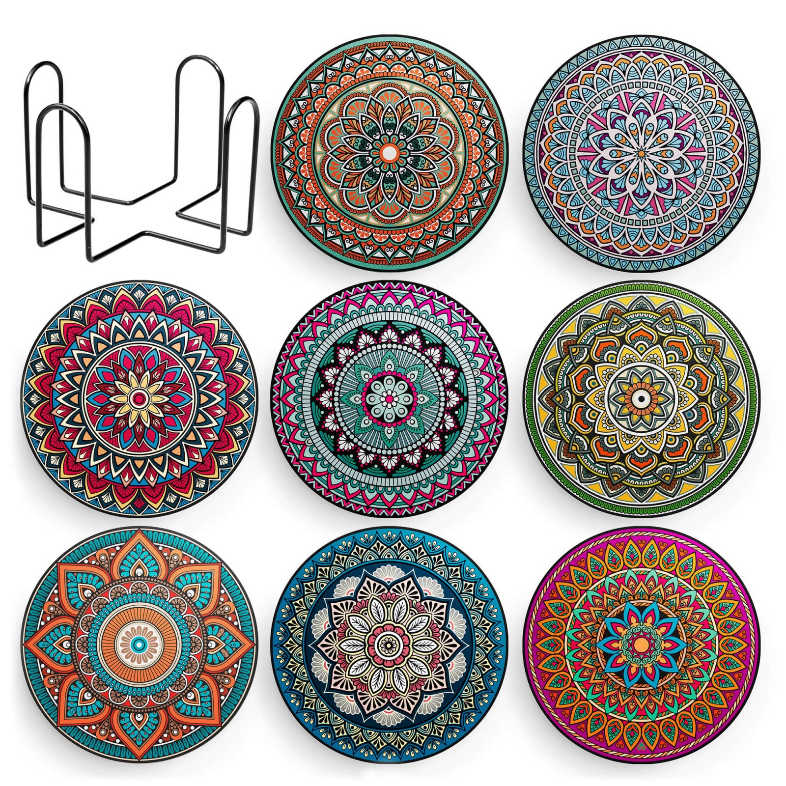 Set 8 suporturi pentru pahare tematica boho mandala si organizator, material ceramica absorbanta cu baza din pluta antiaderenta