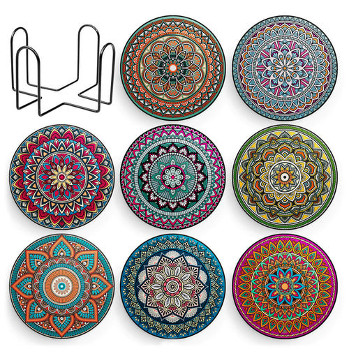 Set 8 suporturi pentru pahare tematica boho mandala si organizator, material ceramica absorbanta cu baza din pluta antiaderenta