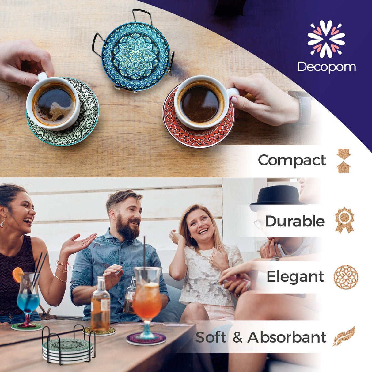 Set 8 suporturi pentru pahare tematica boho mandala deschis si organizator, material ceramica absorbanta cu baza din pluta antiaderenta