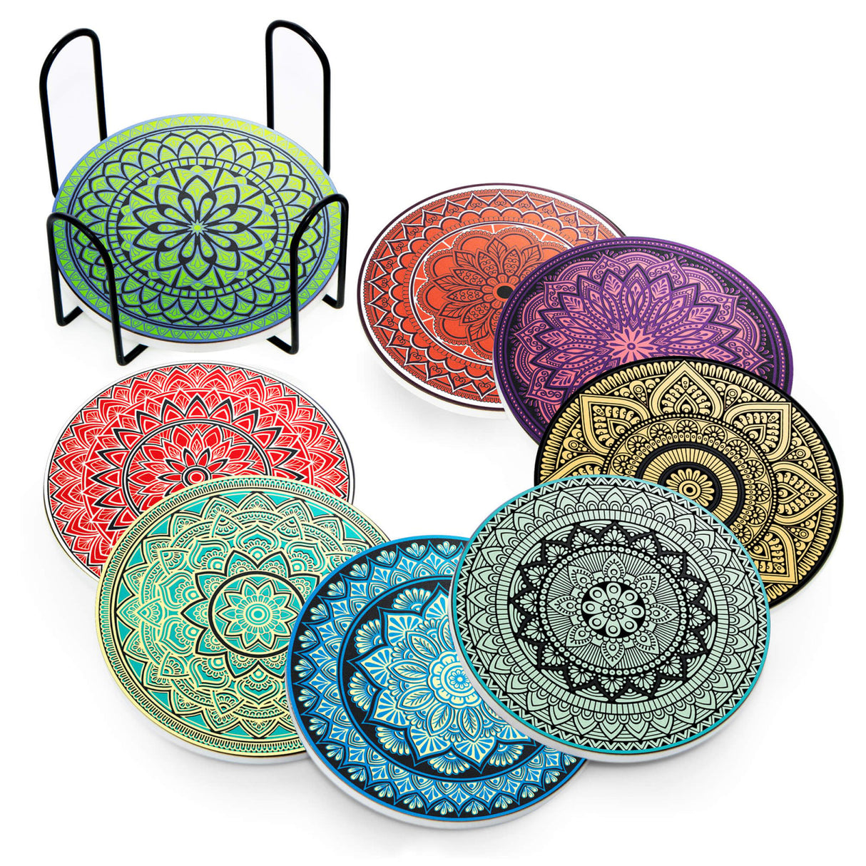 Set 8 suporturi pentru pahare tematica boho mandala deschis si organizator, material ceramica absorbanta cu baza din pluta antiaderenta