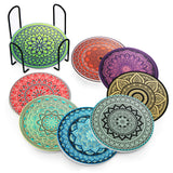 Set 8 suporturi pentru pahare tematica boho mandala deschis si organizator, material ceramica absorbanta cu baza din pluta antiaderenta