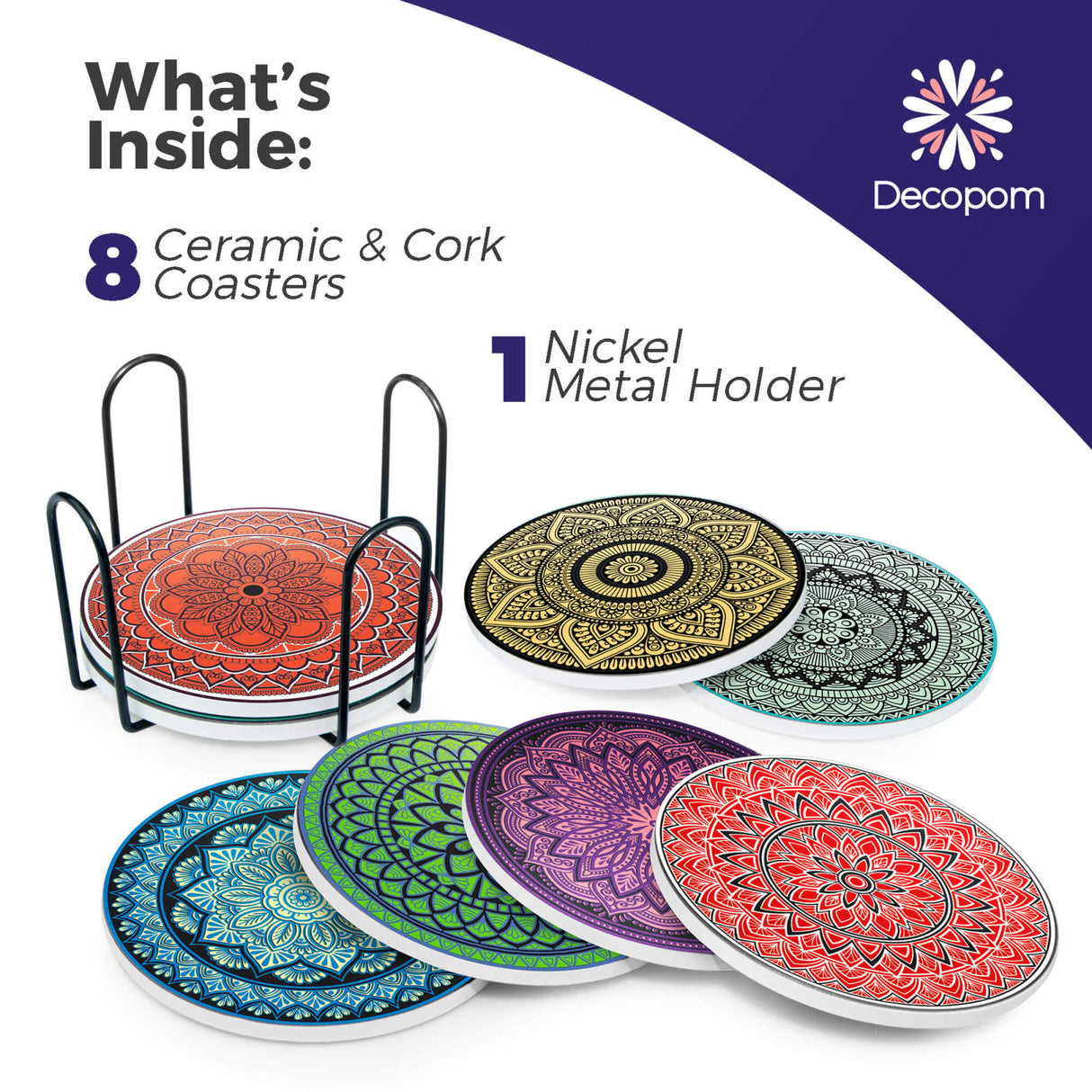 Set 8 suporturi pentru pahare tematica boho mandala deschis si organizator, material ceramica absorbanta cu baza din pluta antiaderenta
