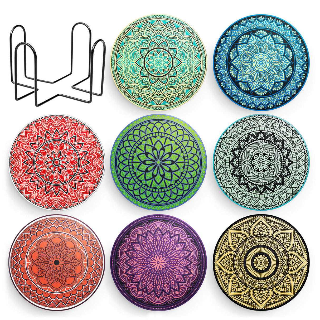 Set 8 suporturi pentru pahare tematica boho mandala deschis si organizator, material ceramica absorbanta cu baza din pluta antiaderenta - Copie