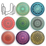 Set 8 suporturi pentru pahare tematica boho mandala deschis si organizator, material ceramica absorbanta cu baza din pluta antiaderenta - Copie