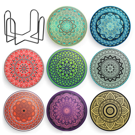 Set 8 suporturi pentru pahare tematica boho mandala deschis si organizator, material ceramica absorbanta cu baza din pluta antiaderenta - Copie