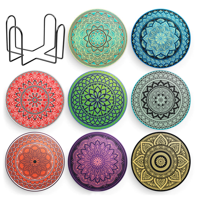 Set 8 suporturi pentru pahare tematica boho mandala deschis si organizator, material ceramica absorbanta cu baza din pluta antiaderenta - Copie