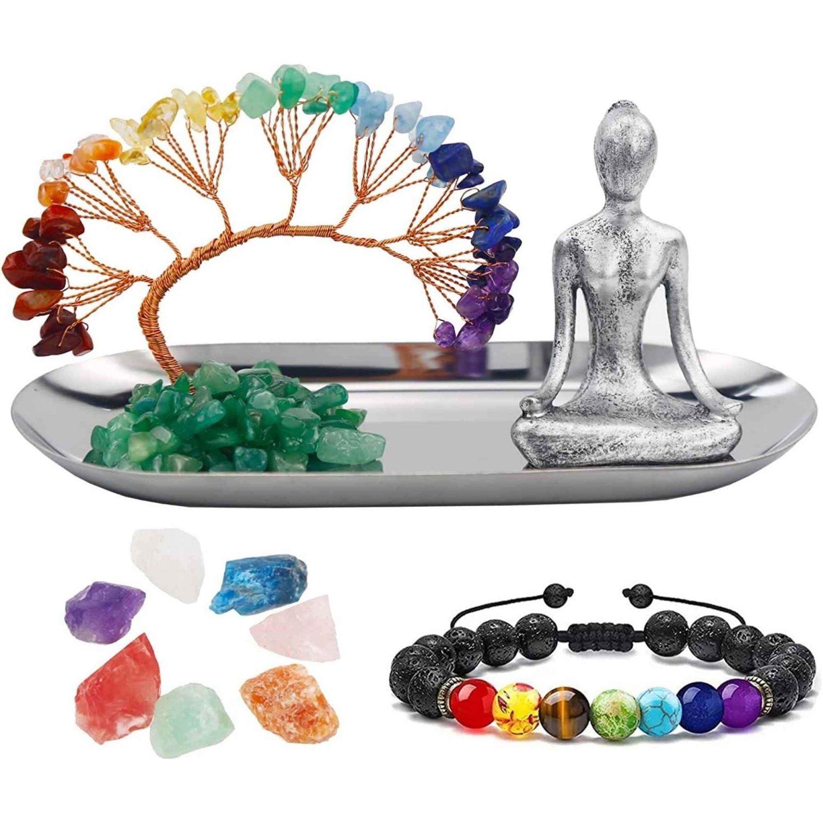 Set accesorii pentru meditatie spirituala cu 7 pietre semipretioase chakra, figurina yoga si bratara - Decor Feng Shui, ideal pentru o stare de liniste si relaxare