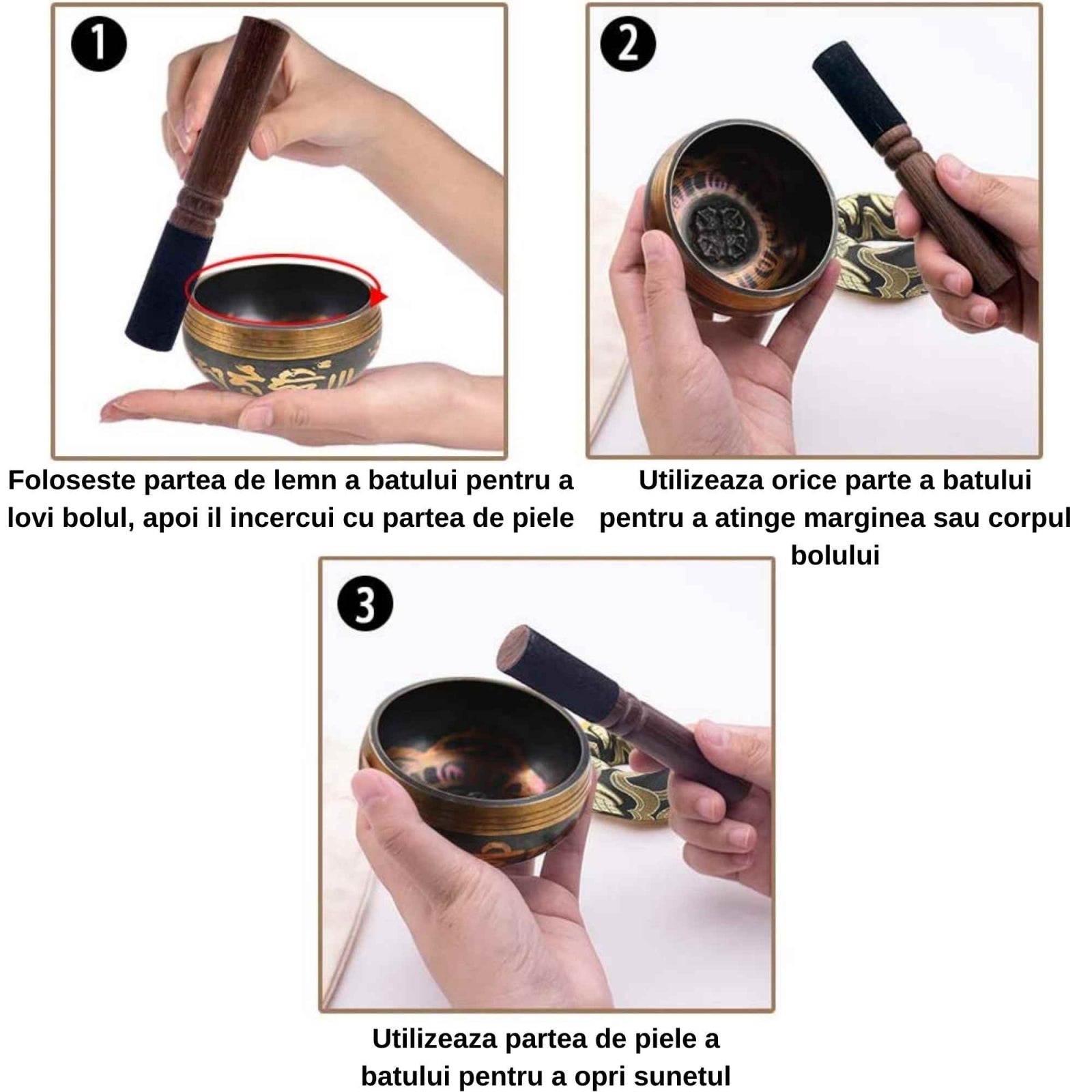 Set Bol Tibetan cantator prelucrat manual la poalele muntelui Himalaya - un percutor cu doua capete din lemn si piele, si o perna cusuta manual – ideal pentru energizare, purificare si meditatie