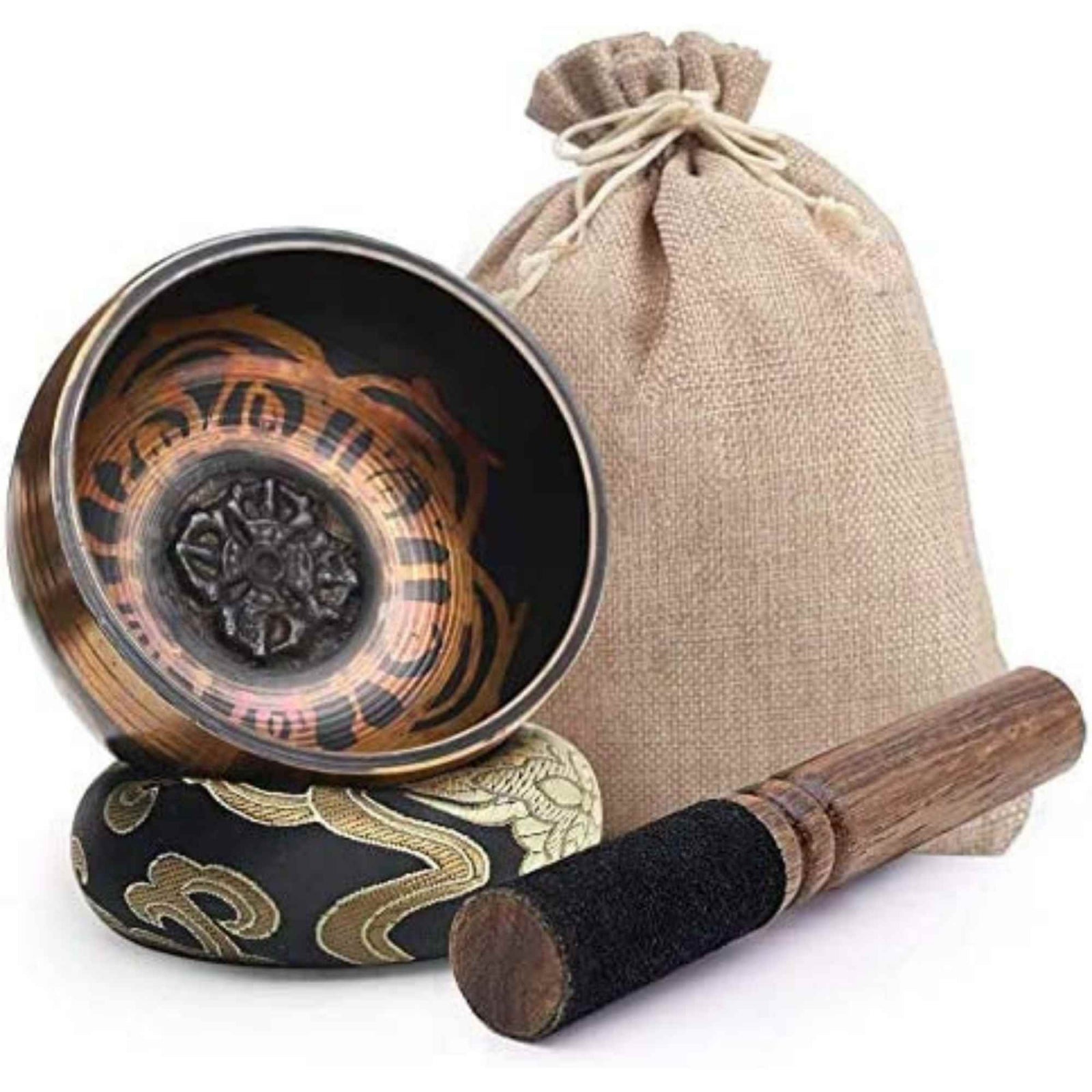 Set Bol Tibetan cantator prelucrat manual la poalele muntelui Himalaya - un percutor cu doua capete din lemn si piele, si o perna cusuta manual – ideal pentru energizare, purificare si meditatie