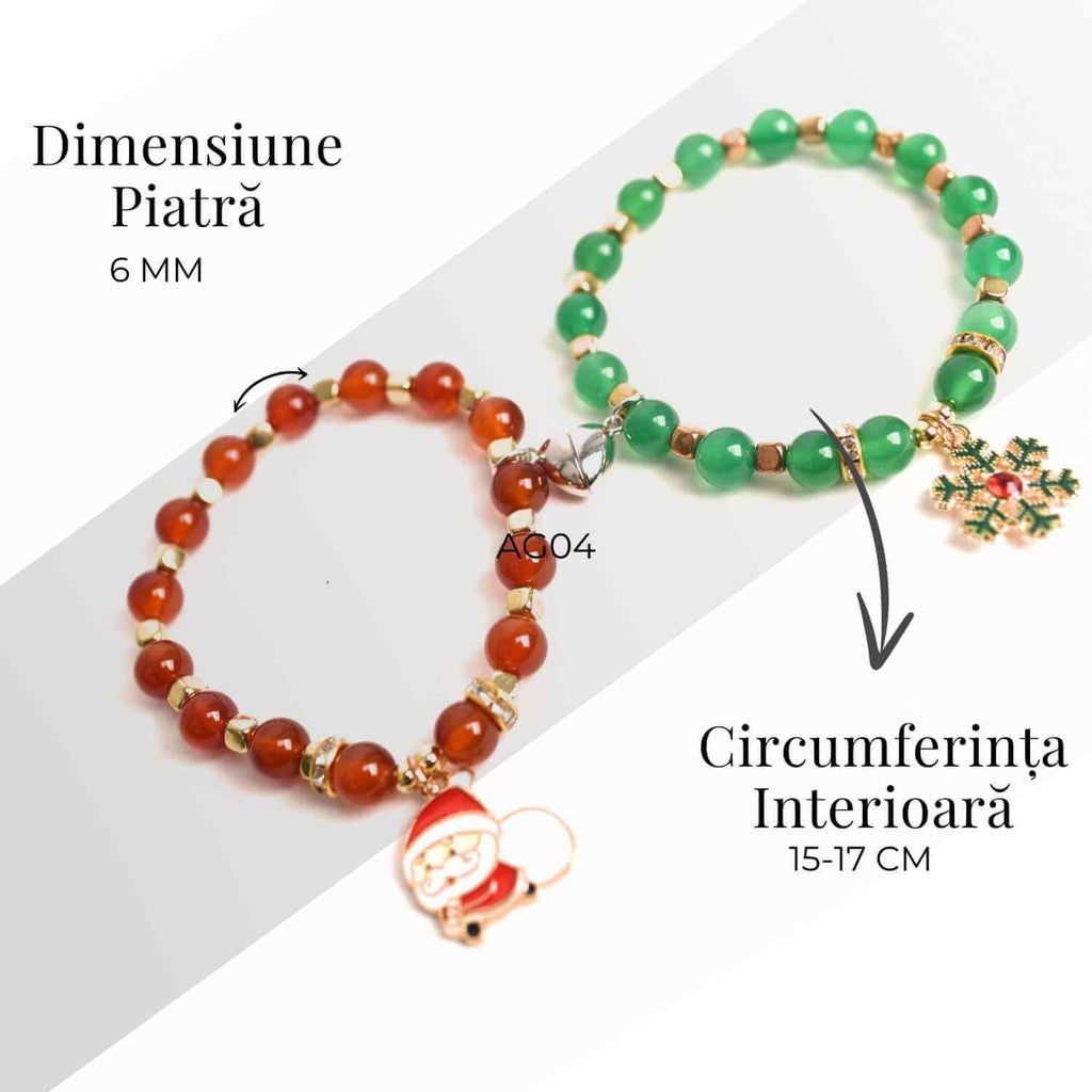 Set bratari cuplu Agat rosu, verde cu accesoriu Mos Craciun si fulg de nea - iubire si protectie