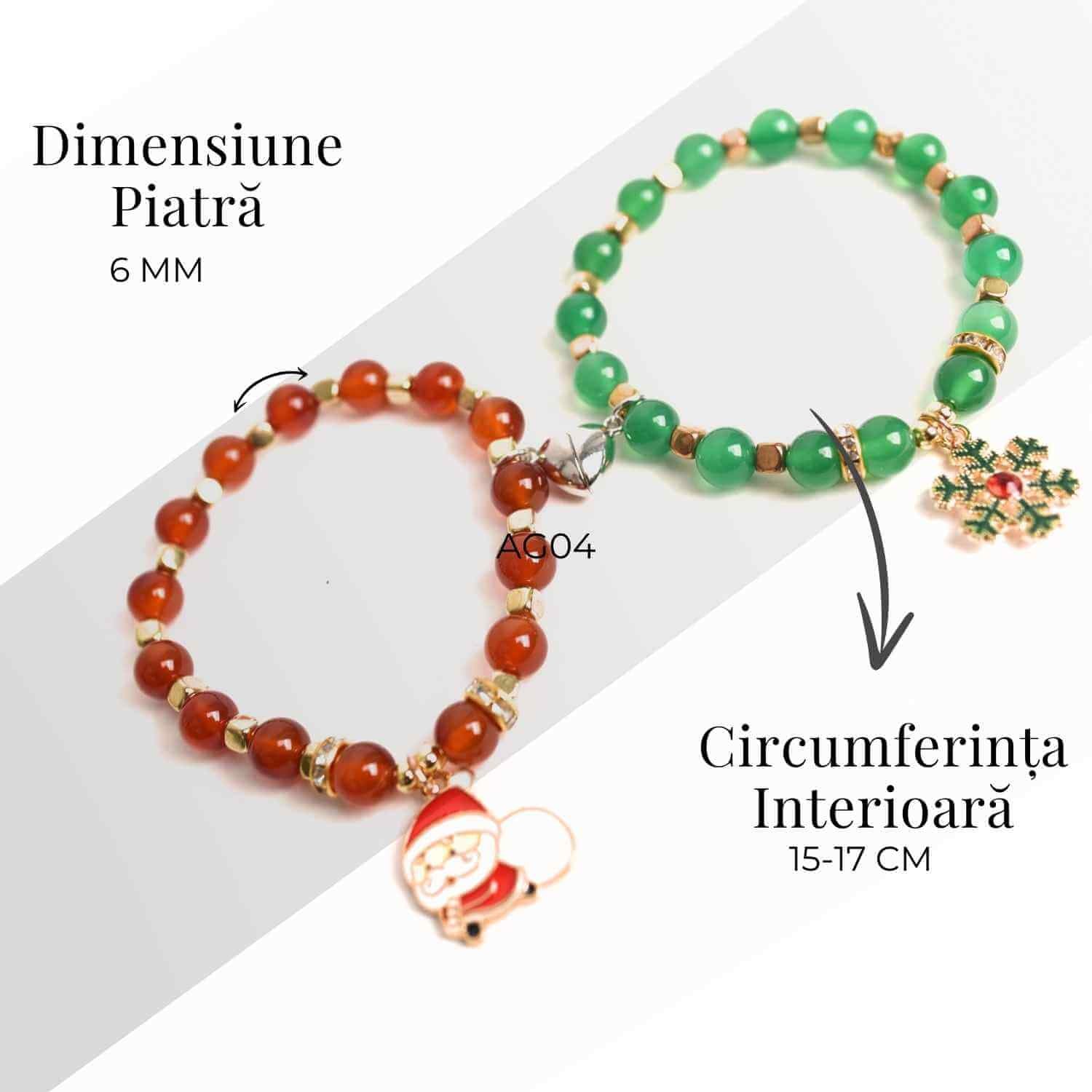 Set bratari cuplu Agat rosu, verde cu accesoriu Mos Craciun si fulg de nea - iubire si protectie
