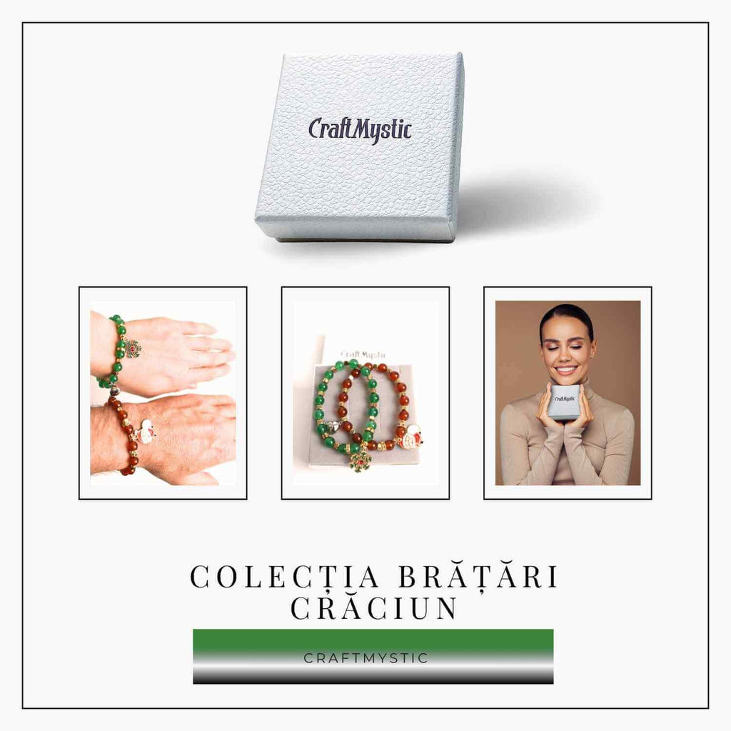 Set bratari cuplu Agat rosu, verde cu accesoriu Mos Craciun si fulg de nea - iubire si protectie