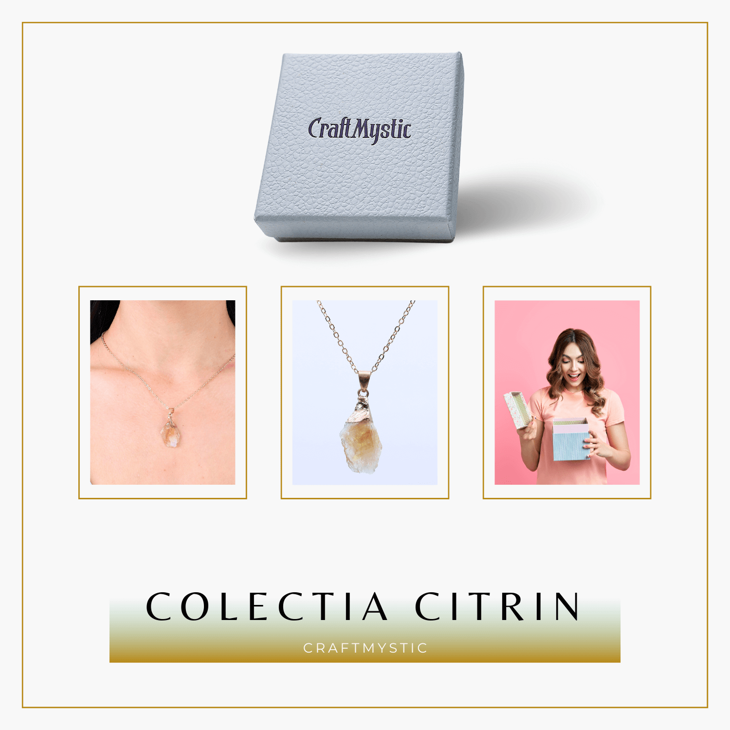 Colier ajustabil auriu cu pandantiv citrin brut