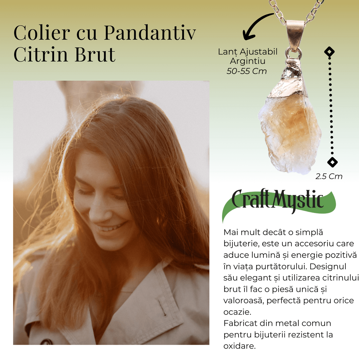 Colier ajustabil auriu cu pandantiv citrin brut - Energie si Claritate