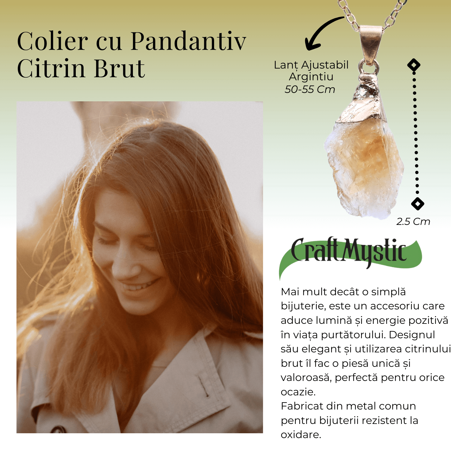 Colier ajustabil auriu cu pandantiv citrin brut