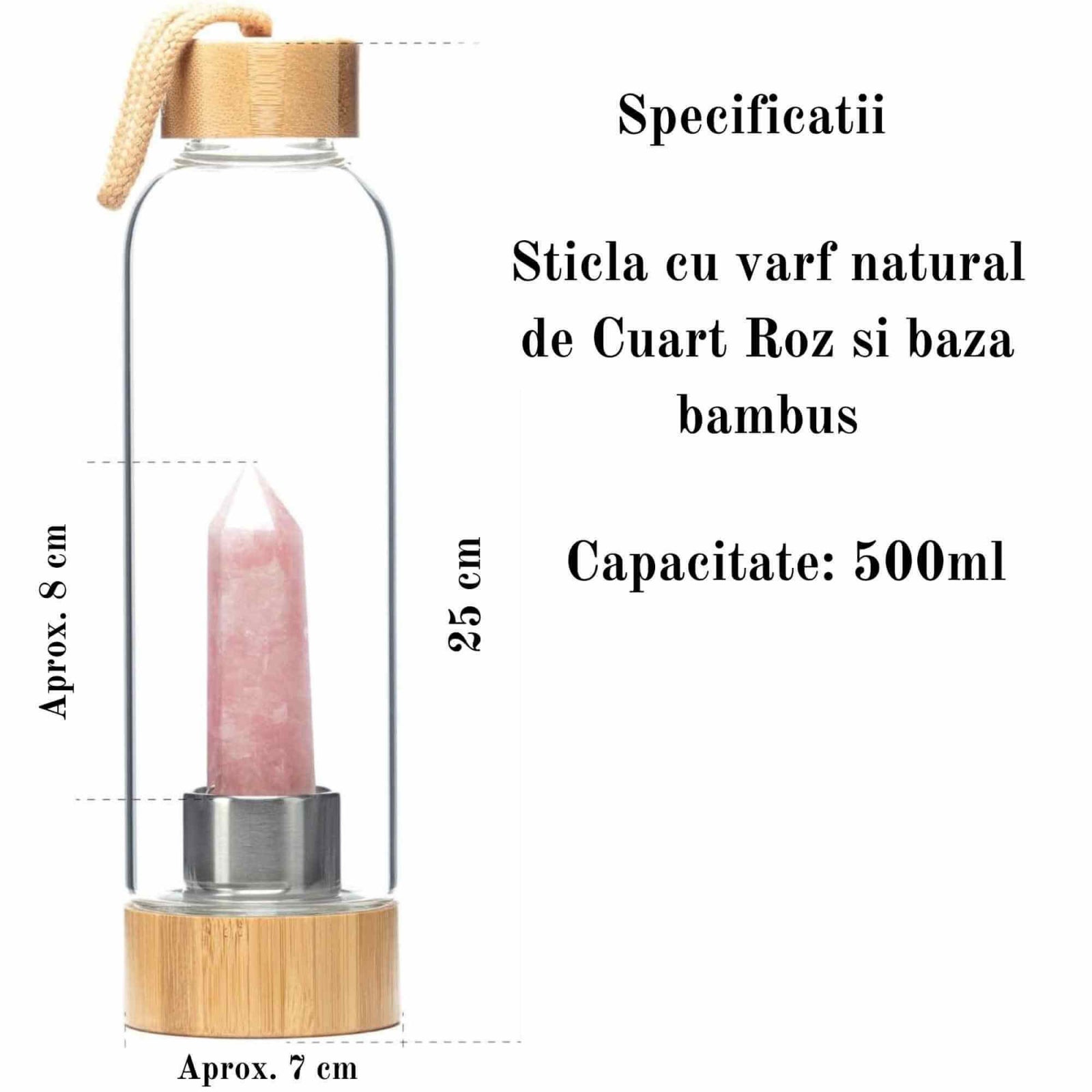 Sticla pentru apa cu varf cristal Cuart Roz si Bambus