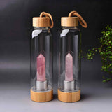 Sticla pentru apa cu varf cristal Cuart Roz si Bambus