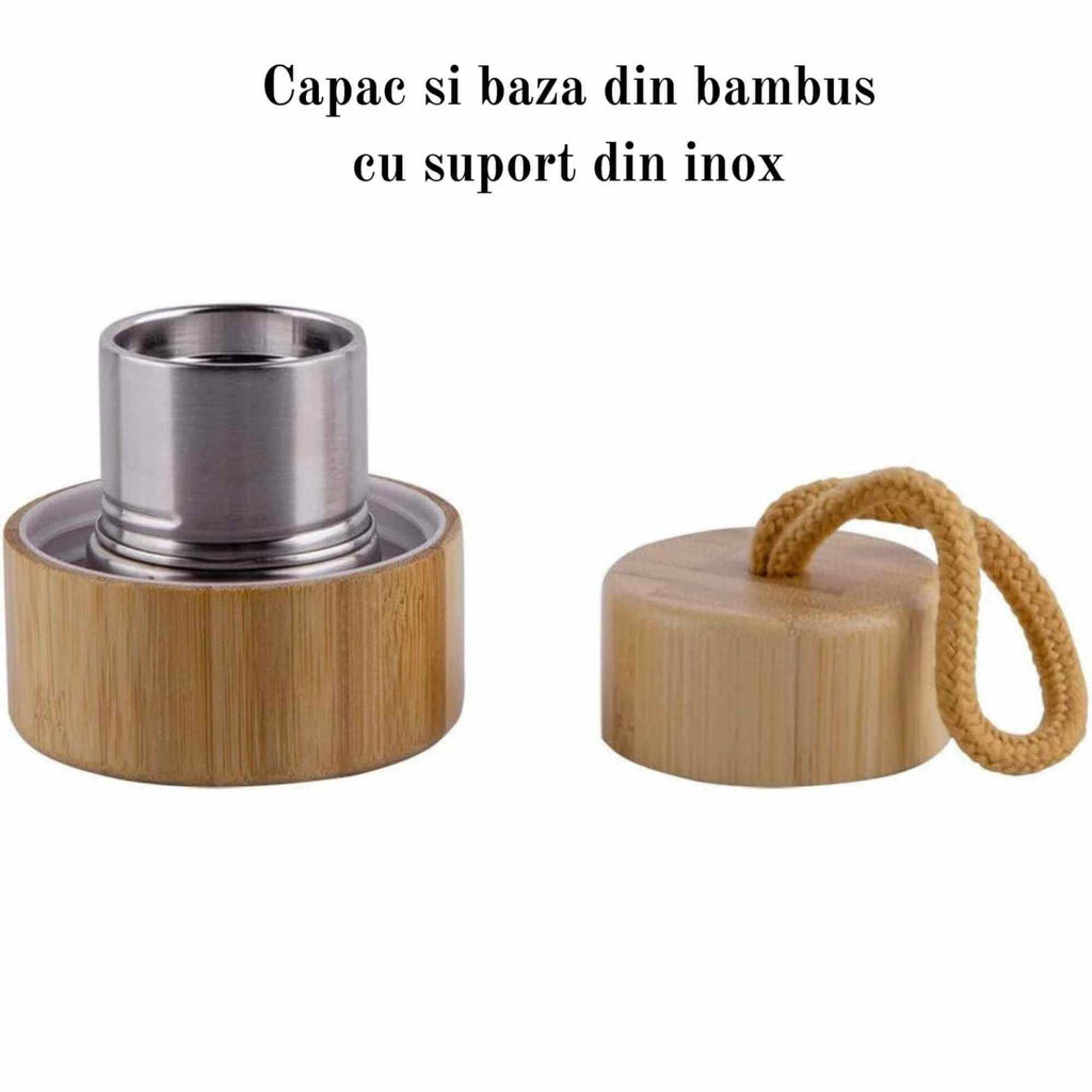 Sticla pentru apa cu varf cristal Cuart Roz si Bambus