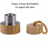 Sticla pentru apa cu varf cristal Cuart Roz si Bambus