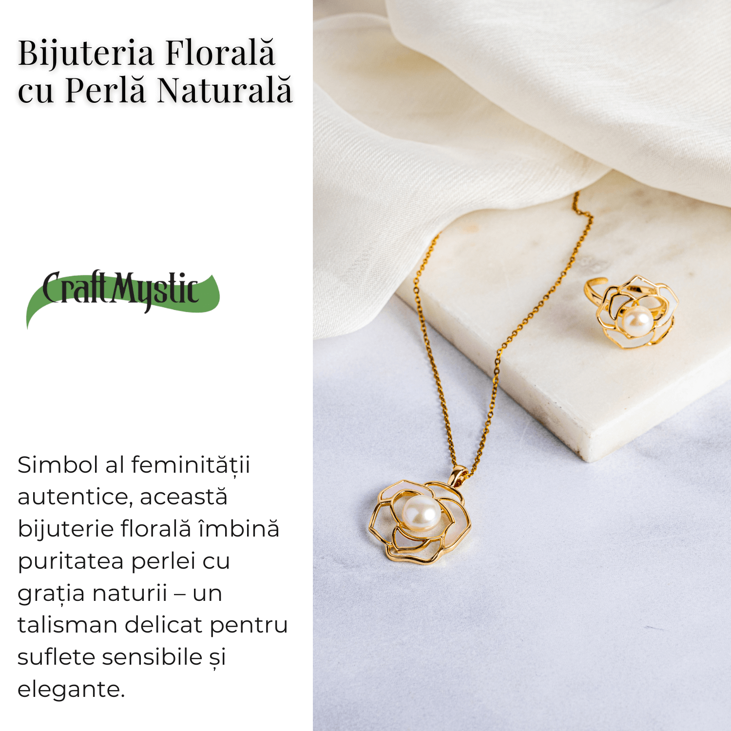 Bijuterie inspirata de natura – Inel floare de camelie cu perla si scoica