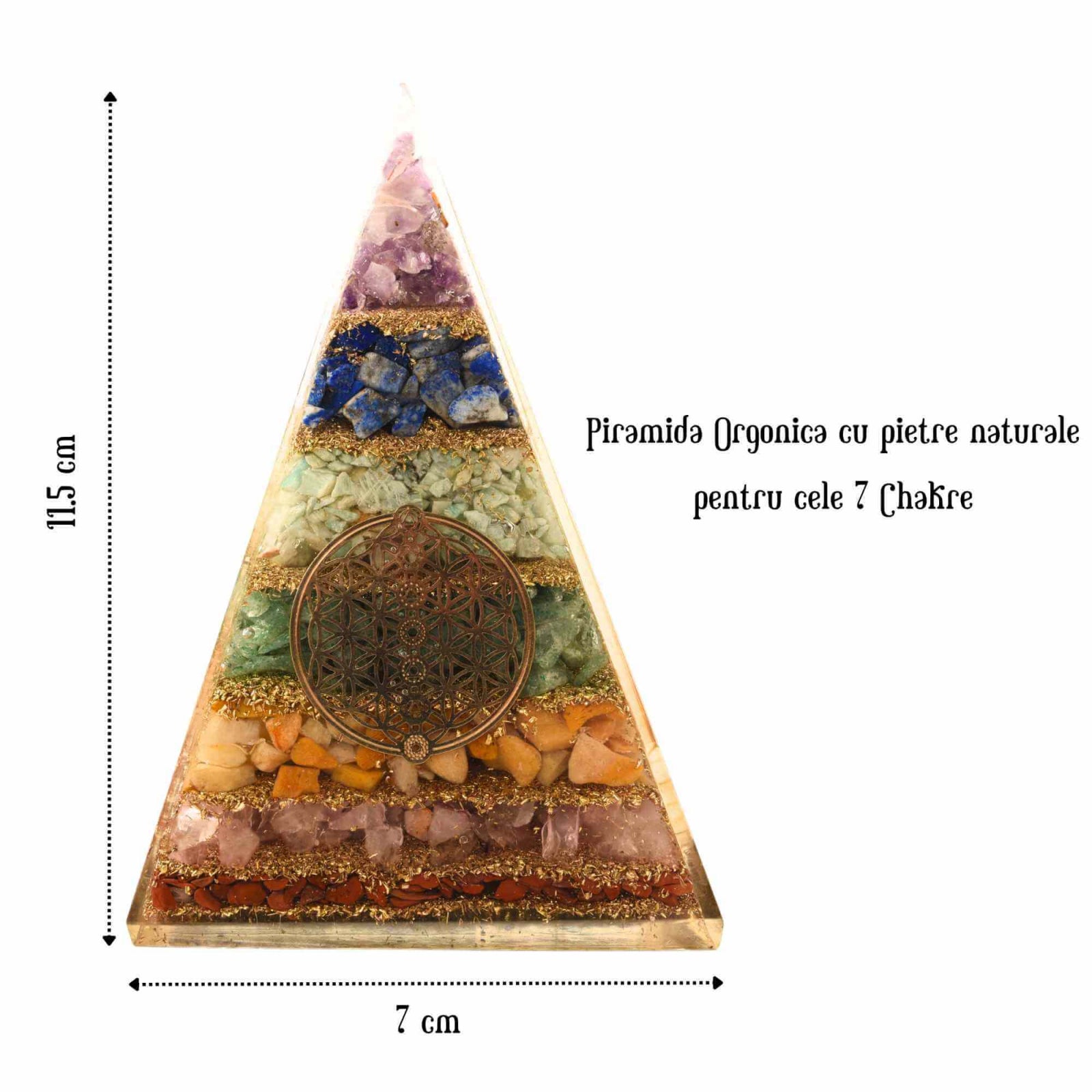 Piramida Orgonica de 11.5 cm cu 7 Pietre Naturale pentru Cele 7 Chakre si Simbolul 'Floarea Vietii' - Protectie impotriva Radiatiilor EMF si Amplificare a Energiei Pozitive