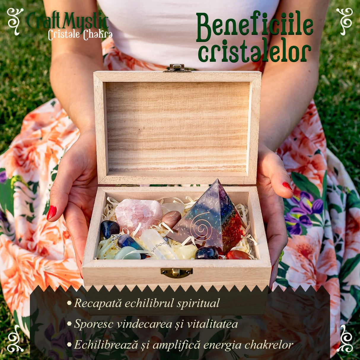 Set premium cu cristale, pietre naturale si piramida orgonica in cutie de lemn - 11 piese pentru meditatie, spiritualitate, echilibrarea chakrelor – Piramida orgonica chakra , pendul chakra, cuart roz