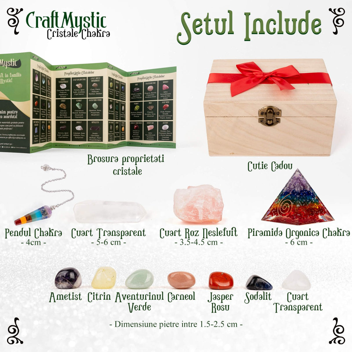 Set premium cu cristale, pietre naturale si piramida orgonica in cutie de lemn - 11 piese pentru meditatie, spiritualitate, echilibrarea chakrelor – Piramida orgonica chakra , pendul chakra, cuart roz